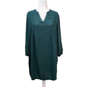 J Jill Dark Green V Neck Pleated Tunic Dress Women Minimalist‎ Normcore Size M